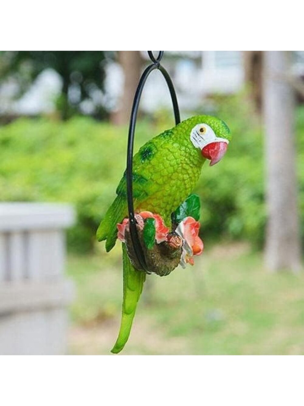 Tropical Bird Hanging Parrot Sculpture in Metal Ring - Garden Decor for Nature